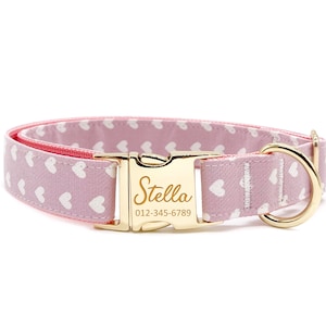 Personalized Dog Collar - Custom Name, Metal Hardware, Handmade, Collar for Small to Large Dogs, Gift for Dogs - Pink Heart
