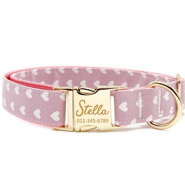 Personalized Dog Collar - Custom Name, Metal Hardware, Handmade, Collar for Small to Large Dogs, Gift for Dogs - Pink Heart