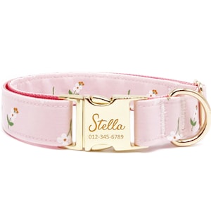 Personalized Floral Dog Collar: Custom Engraved Name, Metal Buckle, Handmade