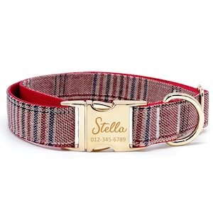 Personalized Dog Collar - Custom Name, Metal Hardware, Handmade, Collar for Small to Large Dogs, Gift for Dogs - Red Plaid
