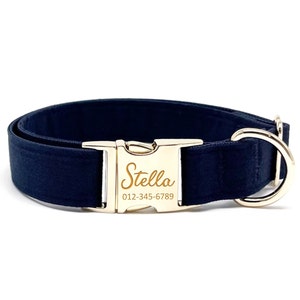 Personalized Navy Dog Collar: Custom Engraved Name, Metal Buckle