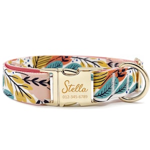 Personalized Dog Collar - Custom Name, Metal Hardware, Handmade, Collar for Small to Large Dogs, Gift for Dogs - Pink Tropical