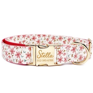 Personalized Dog Collar - Custom Name, Metal Hardware, Handmade, Collar for Small to Large Dogs, Gift for Dogs - Pink Flower