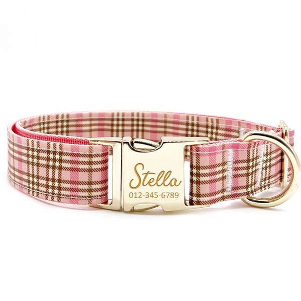Personalized Dog Collar - Custom Name, Metal Hardware, Handmade, Collar for Small to Large Dogs, Gift for Dogs - Pink Brit Plaid