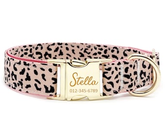 Personalized Dog Collar - Custom Name, Metal Hardware, Handmade, Collar for Small to Large Dogs, Gift for Dogs - Blush Leopard