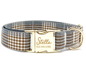 Personalized Dog Collar - Custom Name, Metal Hardware, Handmade, Collar for Small to Large Dogs, Gift for Dogs - Gray Plaid