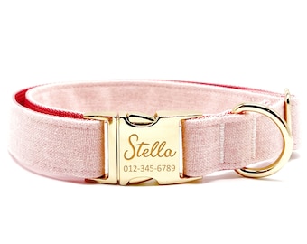 May include: Pink velvet dog collar with a gold buckle and a personalized name tag that reads "Stella" and a phone number.