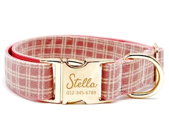 Personalized Pink Plaid Dog Collar: Custom Engraved Name, Handmade Metal Buckle