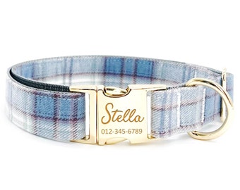 Personalized Blue Plaid Dog Collar: Custom Engraved Name, Metal Buckle, Handmade