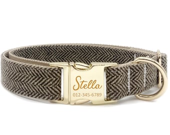 May include: A brown and black herringbone patterned dog collar with a gold metal buckle. The buckle has the name "Stella" and the phone number "012-345-6789" engraved on it.