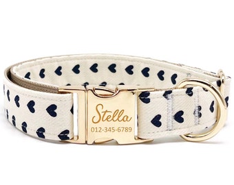 Personalisiertes Love Hearts Stoffhundehalsband - Benutzerdefinierte Laser gravierte Metallschnalle, verstellbares ID-Halsband