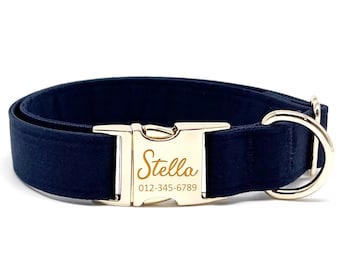 Personalized Navy Dog Collar: Custom Engraved Name, Metal Buckle
