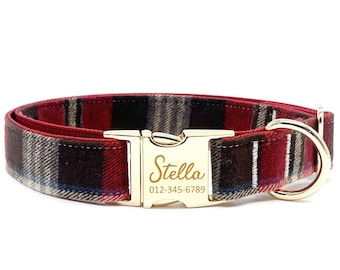 Personalized Dog Collar - Custom Name, Metal Hardware, Handmade, Collar for Small to Large Dogs, Gift for Dogs - Red Plaid