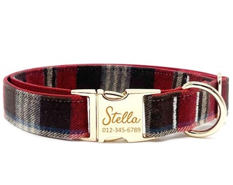 Collier pour chien personnalisé : plaid rouge, nom gravé personnalisé, accessoires en métal