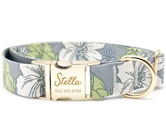Personalized Floral Dog Collar: Engraved Metal Buckle, Handmade