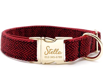 Personalized Dog Collar - Custom Name, Metal Hardware, Handmade, Collar for Small to Large Dogs, Gift for Dogs - Red Herringbone