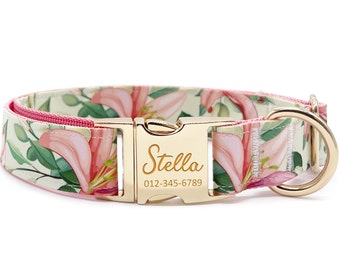 Personalized Dog Collar - Custom Name, Metal Hardware, Handmade, Collar for Small to Large Dogs, Gift for Dogs - Pink Lilly