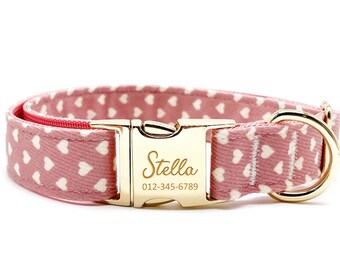 Pink Heart Custom Dog Collar, Adjustable Neck Collar for Small, Medium, Large Dogs, Metal Buckle, Personalized Engraved Dog Collar