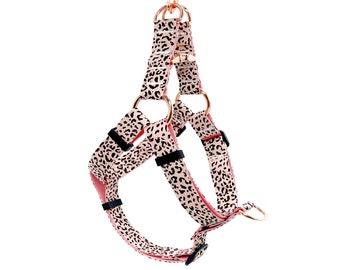 Pink Leopard Custom Dog Harness, Adjustable Neck Harness for Medium, Large Dogs, Metal Buckle, Personalized Engraved Dog Harness Handsewn