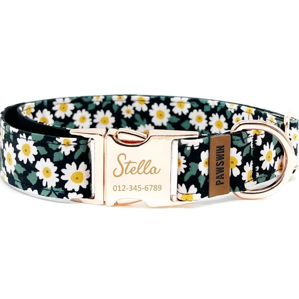 Personalized Dog Collar - Custom Name, Metal Hardware, Handmade, Collar for Small to Large Dogs, Gift for Dogs - Black Daisy