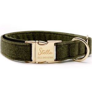 Personalized Dog Collar: Custom Engraved Name, Dark Green, Handmade