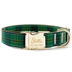 Personalized Dog Collar - Custom Name, Metal Hardware, Handmade, Collar for Small to Large Dogs, Gift for Dogs - Green Plaid