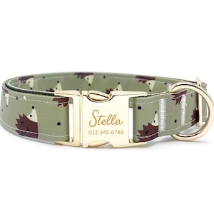 Personalized Dog Collar: Green Hedgehog Print, Custom Engraved Name