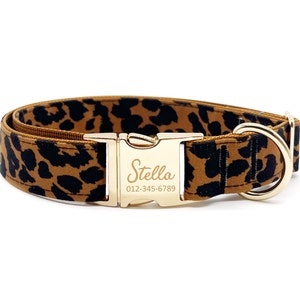 Personalized Leopard Print Dog Collar: Laser-Engraved Metal Buckle, Quiet ID Tag