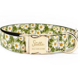 Personalized Dog Collar - Custom Name, Metal Hardware, Handmade, Collar for Small to Large Dogs, Gift for Dogs - Green Daisy