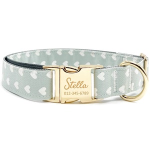 May include: A light gray dog collar with a white heart pattern. The collar has a gold buckle with the name "Stella" and a phone number engraved on it.