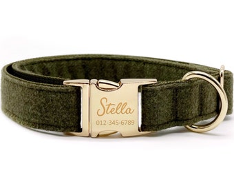 Personalized Dog Collar: Custom Engraved Name, Dark Green, Handmade