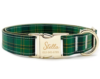 Personalized Dog Collar - Custom Name, Metal Hardware, Handmade, Collar for Small to Large Dogs, Gift for Dogs - Green Plaid