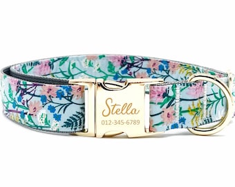 Personalized Floral Dog Collar: Custom Engraved Name, Metal Buckle