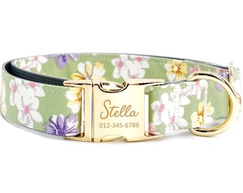 Collar floral personalizado para perro: hebilla metálica grabada a medida