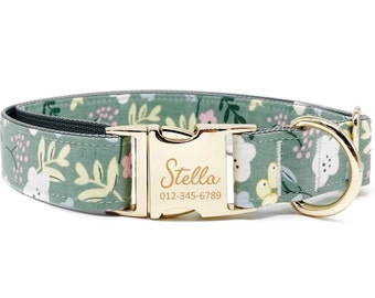 Personalized Dog Collar - Custom Name, Metal Hardware, Handmade, Collar for Small to Large Dogs, Gift for Dogs - Greenery and Blooms