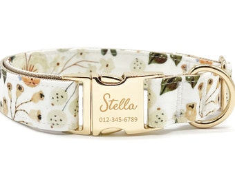 Personalized Floral Dog Collar: Custom Engraved Name Metal Buckle, Lightweight Cotton