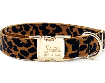 Personalized Dog Collar - Custom Name, Metal Hardware, Handmade, Collar for Small to Large Dogs, Gift for Dogs - Dark Leopard
