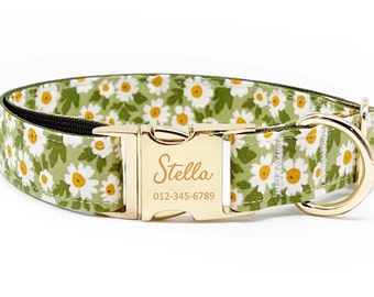 Personalized Dog Collar: Green Daisy, Custom Engraved Name