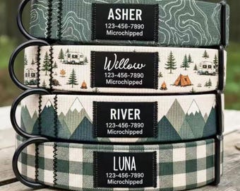 Personalized Mountain Dog Collar, Custom Forest Camping Design, Black Label Name ID Tag