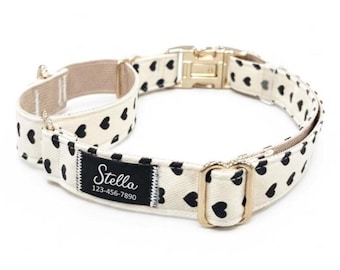 Personalized Love Hearts Martingale Fabric Dog Collar: No-Slip Training Collar with Silent ID Patch
