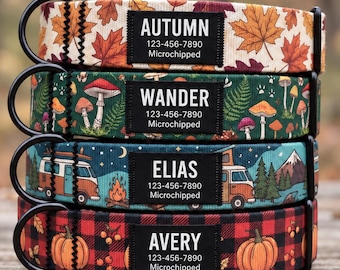 Personalized Fall Dog Collar, Pumpkin Camping & Maple Leaf Design, Black Name ID Tag