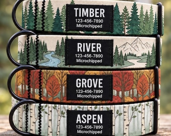 Personalized Forest Dog Collar, Mountain River & Birch Tree Design, Black Name ID Label