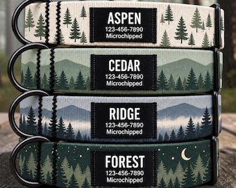 Personalized Forest Dog Collar, Mountain & Pine Tree Design, Black Name ID Tag