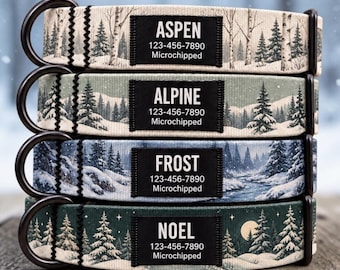 Personalized Winter Dog Collar, Snowy Forest & Alpine Design, Black Name ID Tag