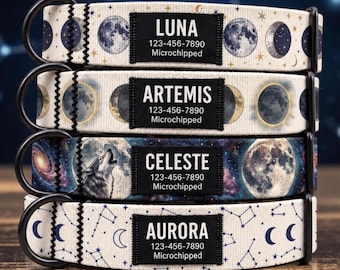 Personalized Celestial Dog Collar, Moon & Stars Galaxy Design, Black Name ID Label