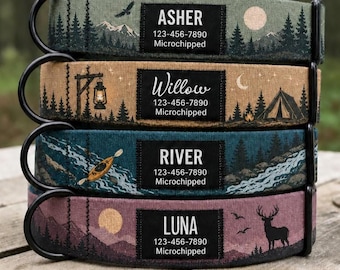 Personalized Mountain Dog Collar, Custom Campfire Trail Design, Black Label Name ID Tag