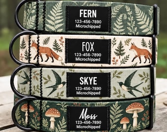 Personalized Woodland Dog Collar, Fox Mushroom & Fern Design, Black Name ID Tag