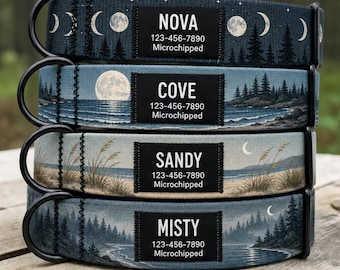 Personalized Coastal Dog Collar, Moonlit Ocean & Forest Design, Black Name ID Tag