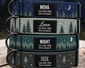 Custom Forest Nylon Dog Collar, Personalized Black Label Name ID, No Jingle Moon Star Gift