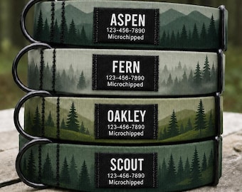 Collare personalizzato per cani da foresta, con design montano personalizzato e targhetta identificativa nera con nome.
